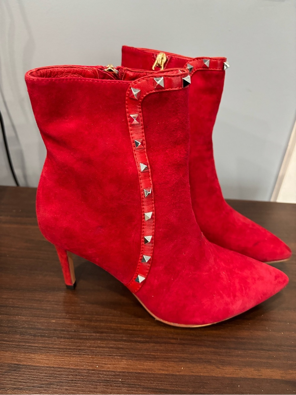 Valentino Garavani Red Suede Pyramid-Stud Ankle Boots